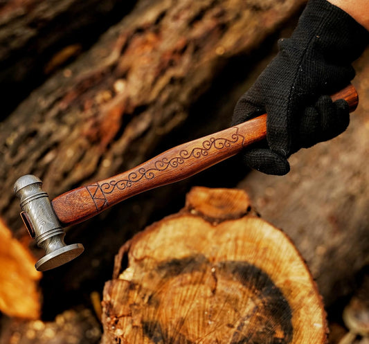 Premium Ball Peen Hammer with Forged Damascus Steel Head - Best Tool For Metalworking And Carpentry