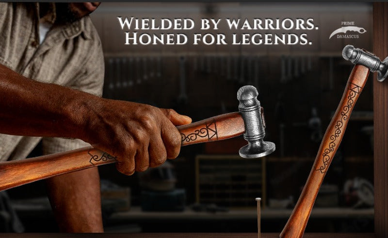 Wooden hammer with metallic head held by a person, with text 'Wielded by Warriors. Honed for Legends.'