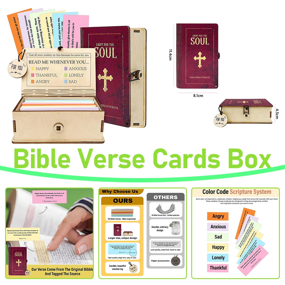 Wooden Bible Verse Cards Box Bible 150 Verses Storage Wooden Box Portable Daily Inspiration Scripture Prayer Organization