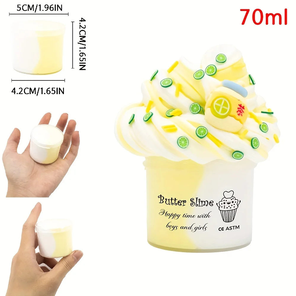 2.37oz Fluffy Two-Tone Butter Slime Super Soft Clay Stretchy Non-sticky Party Favors Slime Charms Toys Education Birthday Gifts